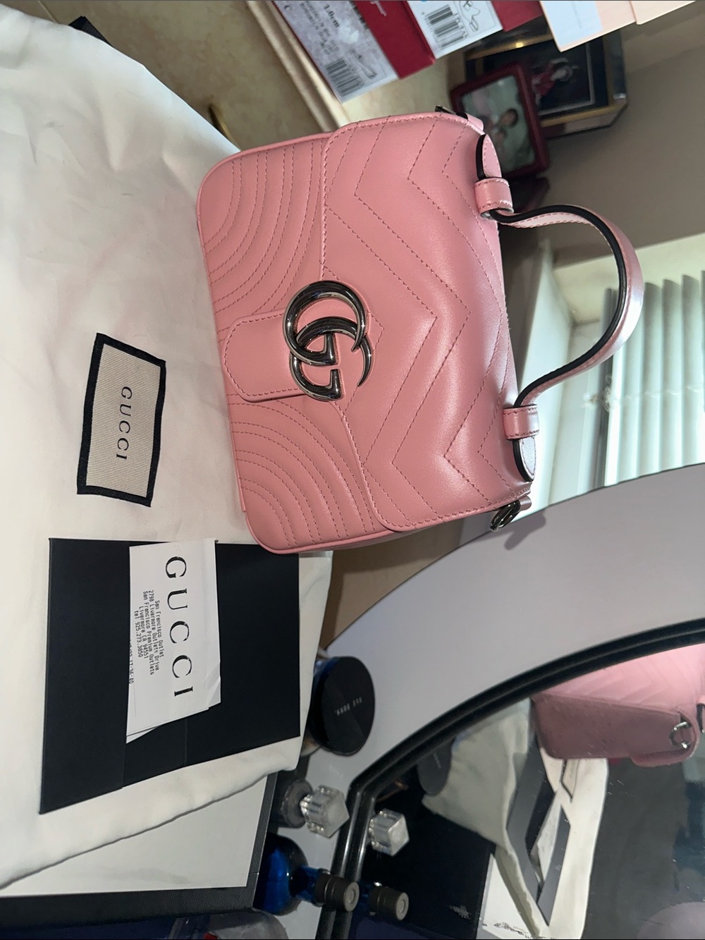 Gucci Pink Chevron Quilted Top Handle Satchel